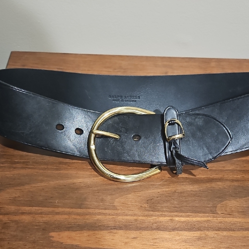 Ralph Lauren Black Leather Wide Belt with Gold Hardware